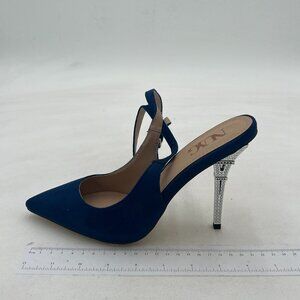 Navy Suede Comfy Slingback High Stiletto Heels Closed Point Toe Buckle Up Shoe